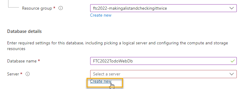 "Creating a database - Create new server link pressed"