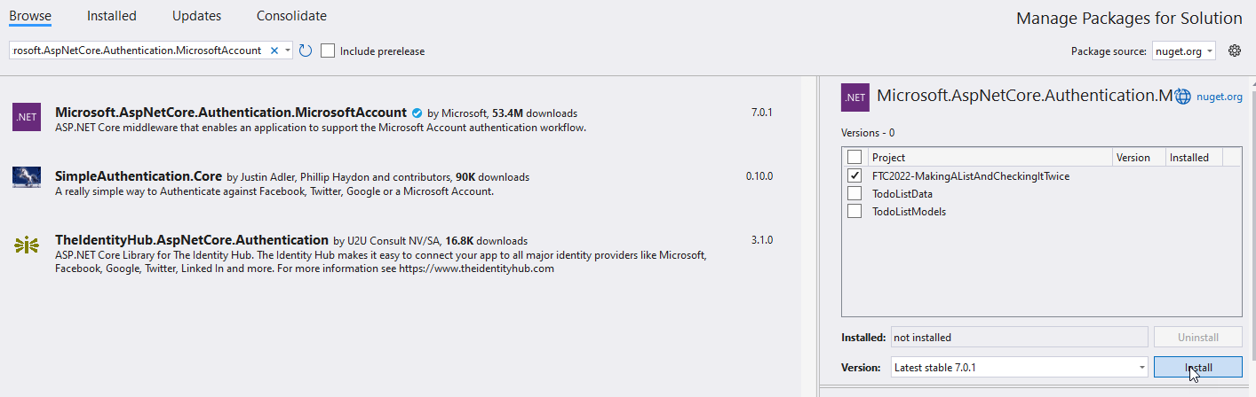 "adding the NuGet package to leverage Microsoft Accounts"